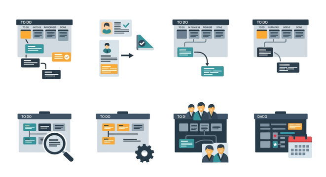 Flat design website development process icons.