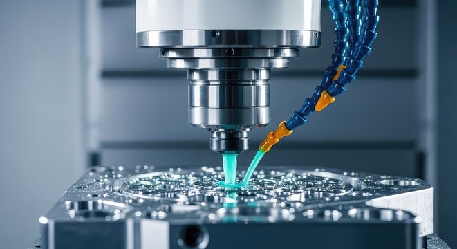 High precision CNC milling machine head carving complex metal parts with cooling fluid, industrial engineering, and modern technical detail, technology, robotic, cnc
