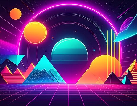 Vibrant Neon Retro Futuristic Landscape Scene.