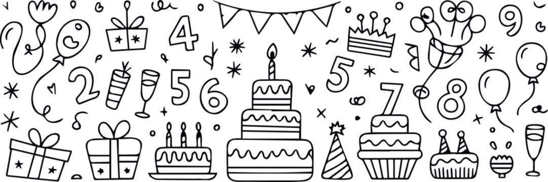 Hand drawn birthday doodle elements set with party cakes gifts balloons and numbers sketch