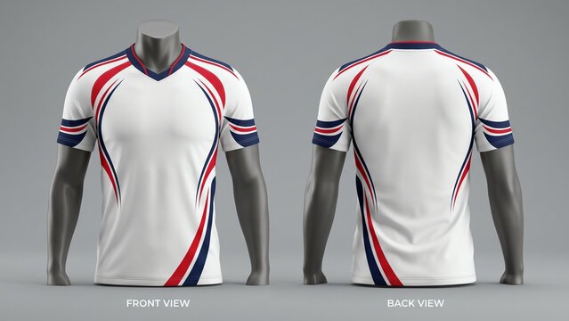 Realistic mockup of a white soccer jersey with red and blue accents, front and back views