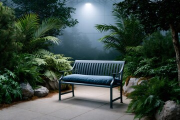 Obraz premium Park bench in a foggy indoor botanical garden
