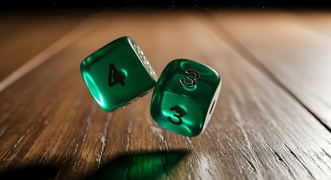 Two green dice rolling on a rustic wooden table