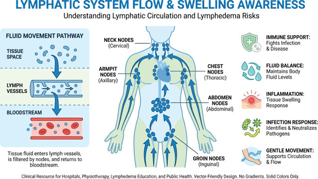 Lymphatic system diagram explains the flow of fluid and the role of nodes in maintaining immune support and managing inflammation.