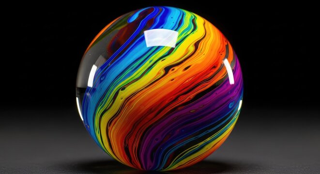 Una esfera de cristal transparente con salpicaduras vibrantes de pintura acr&iacute;lica de colores intensos, reflejos brillantes y fondo oscuro, elemento, psicod&eacute;lico, fondo