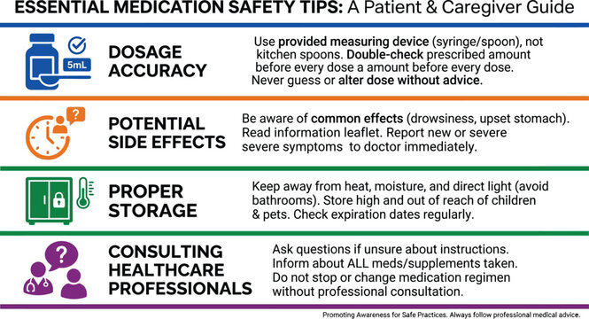 Medication safety guide outlines essential tips for patients and caregivers to ensure proper dosage and storage of pharmaceutical products.