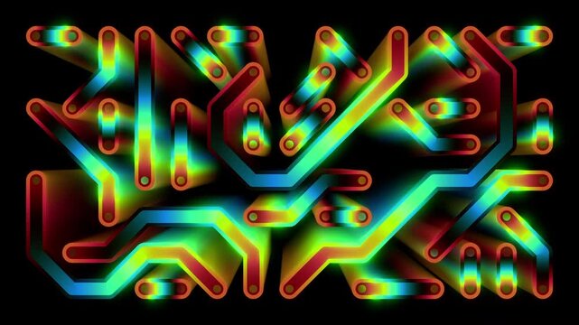 Glowing iridescent circuit board abstract background seamless loop. Futuristic technology and AI concept.