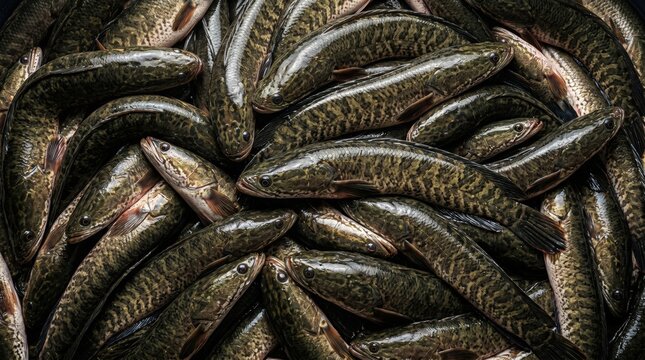 Fresh raw snakehead fish pile stacked together in market display showing detailed mottled scales and natural textures for sustainable seafood culinary industry