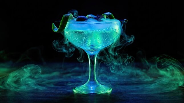 Man preparing a drink with rising smoke effect concept. A glowing cocktail with vapor and colorful effects in dim light.
