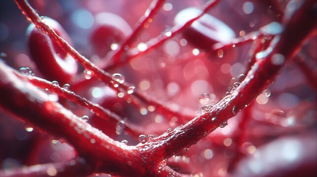 Macro view of blood vessels and red blood cells in human circulatory system biology