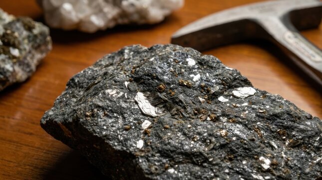 Macro shot of a dark schist rock specimen featuring reflective mica flakes and pyrite inclusions on a wooden surface next to a geologist rock hammer and other mineral samples.