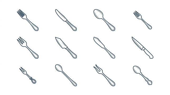 Collection of silverware utensils on white.