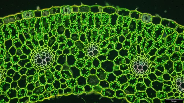 Microscopic cross-section of a turf grass blade revealing internal anatomy with stomata on the epidermis, vascular bundles, cell walls, and chloroplasts, 50 micrometer scale bar.