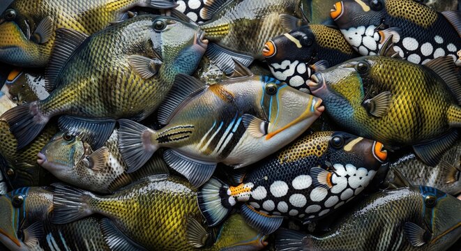 Vibrant collection of tropical triggerfish featuring intricate patterns and colorful scales stacked together in a detailed underwater marine life composition