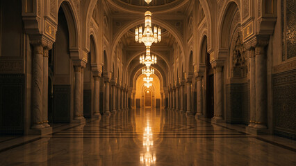 Obraz premium Magnificent mosque hallway with classic chandeliers, dramatic warm lighting, and reflective flooring that creates a peaceful and luxurious Islamic atmosphere.