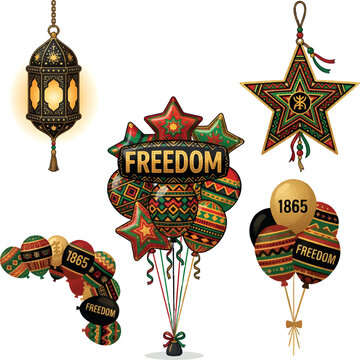 Colorful juneteenth decorations including lantern, star, balloons and ribbons with 'FREEDOM' and '1865' text on a white background.