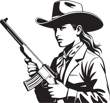 Woman in cowboy hat with gun isolated on transparent background black and white illustration.