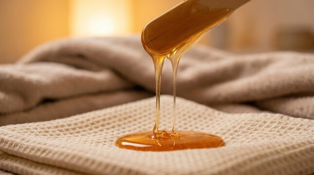 Close-up of warm amber liquid paraffin wax dripping from a wooden spatula onto a folded white waffle texture towel in a spa salon setting with soft bokeh background lighting.