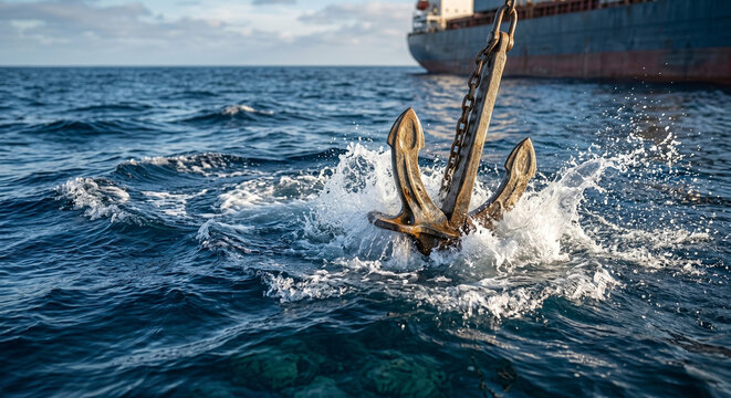 Large rusty ship anchor dropping into blue ocean water with splash