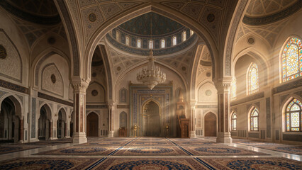 Obraz premium Islamic prayer hall interior with sunlight streaming through large windows, grand domes, and elegant Middle Eastern architectural details without people.