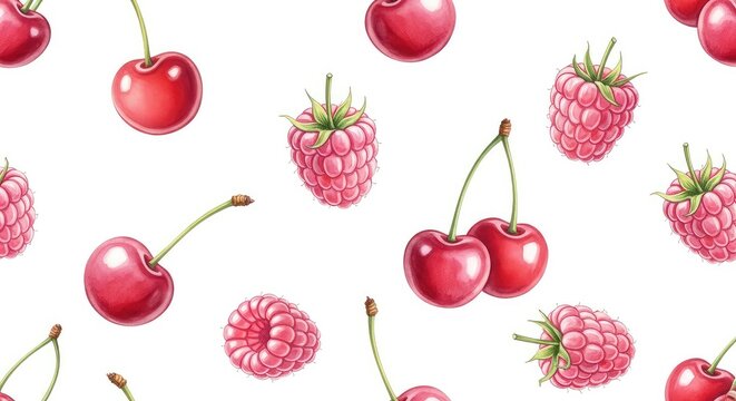 Elegant seamless pattern featuring hand-painted watercolor cherries and raspberries in a soft palette of pastel red, pink, and rose tones, soft, brushwork, pastel
