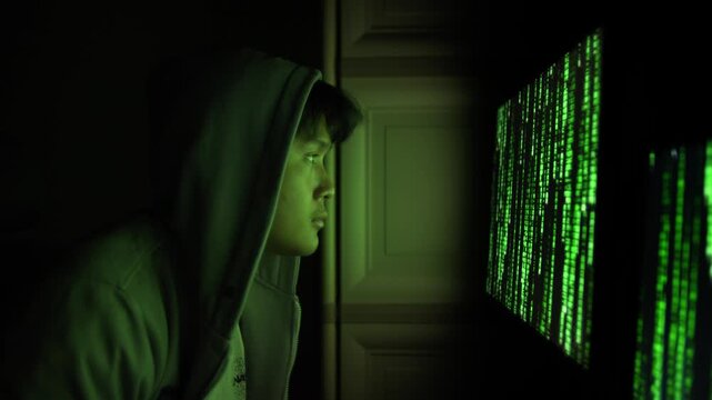 Hooded man in dark room closely examining green code on computer screens