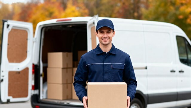 Delivery man holding box near van