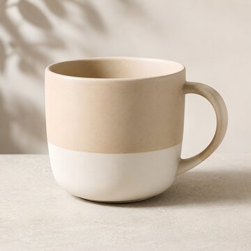 Minimalist Two Tone Ceramic Mug with Leaf Shadow on Neutral Background