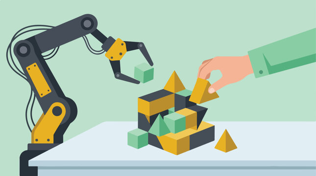 Robot and human interacting with 3D blocks, automation and collaboration