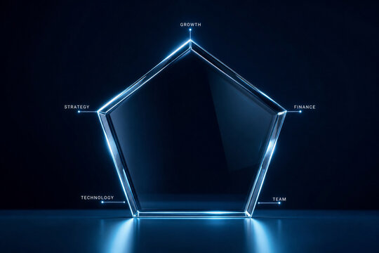 Futuristic pentagon business chart with glowing blue glass texture. Digital data visualization for growth, strategy, and finance. Abstract corporate infographic.