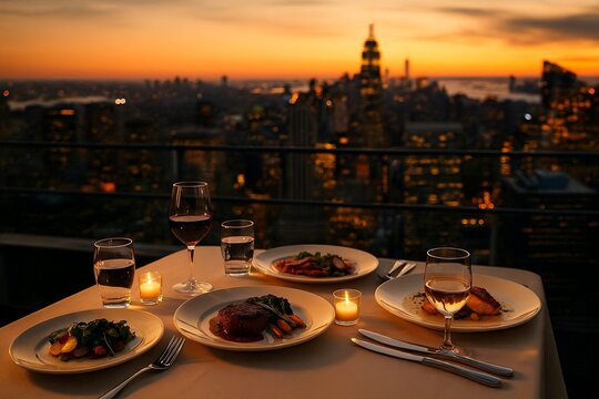 Elegant Rooftop Fine Dining Table at Sunset with City Skyline View