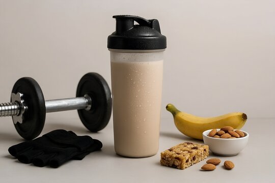 Protein Shake Bottle with Dumbbell Gym Gloves and Healthy Snacks