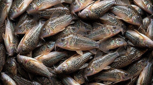 Dense schooling pattern of spotted corydoras catfish swimming together in a freshwater aquarium environment showcasing intricate patterns and natural textures