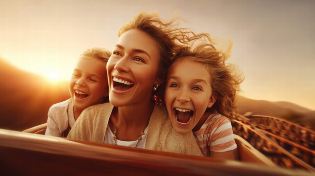 Family enjoying a thrilling roller coaster ride at sunset, filled with laughter.