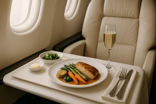 First Class Airline Meal with Champagne on Luxury Private Jet Tray