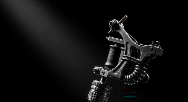 Close-up of a professional tattoo machine in dramatic spotlight against a dark background.