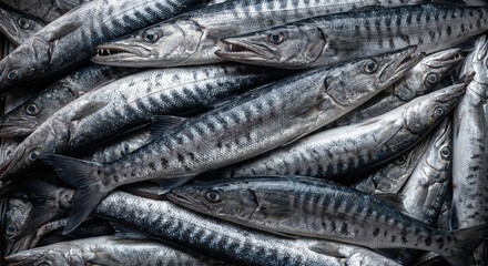 Obraz premium Fresh raw barracuda fish stacked together for sale at a local seafood market display showing detailed metallic scales and sharp teeth in a high angle overhead shot