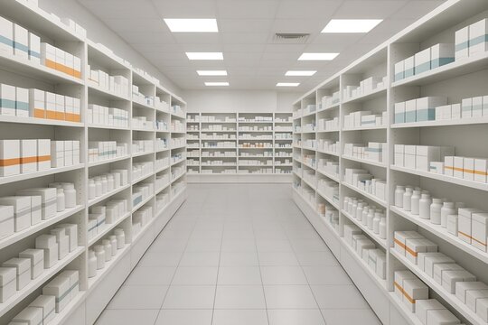 Pharmacy Store Aisle with Medicine Shelves and White Packaging