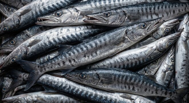 Fresh raw barracuda fish stacked together for sale at a local seafood market display showing detailed metallic scales and sharp teeth in a high angle overhead shot