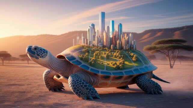 Giant Turtle Carrying Futuristic City in Surreal Desert Landscape