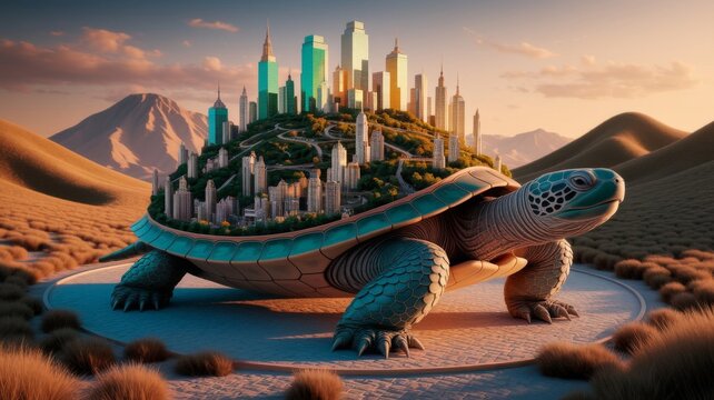 Giant Turtle Carrying Futuristic City in Surreal Desert Landscape