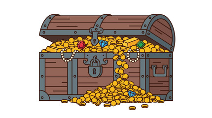 Treasure Chest Overflowing with Gold Coins and Jewels Riches and Wealth Concept © Enggin