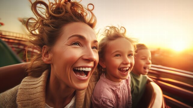 Family enjoying a thrilling roller coaster ride at sunset.