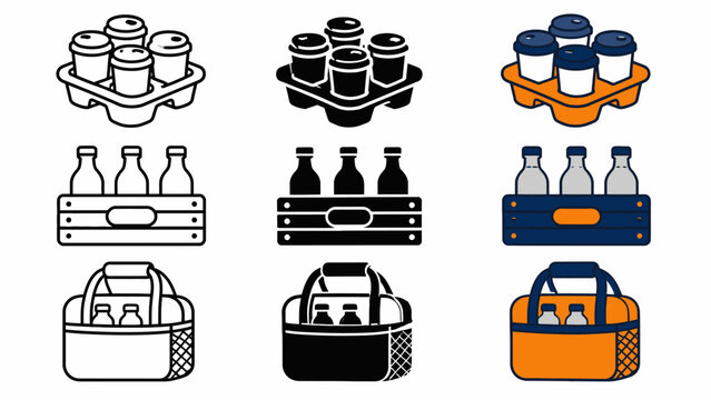 Beverage carrier icons: bottle and can carriers in various styles and colors