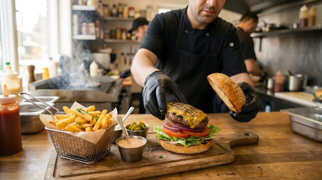 A chef wearing black gloves assembling a delicious halal cheeseburger with fresh vegetables and a side of golden fries in a busy kitchen.