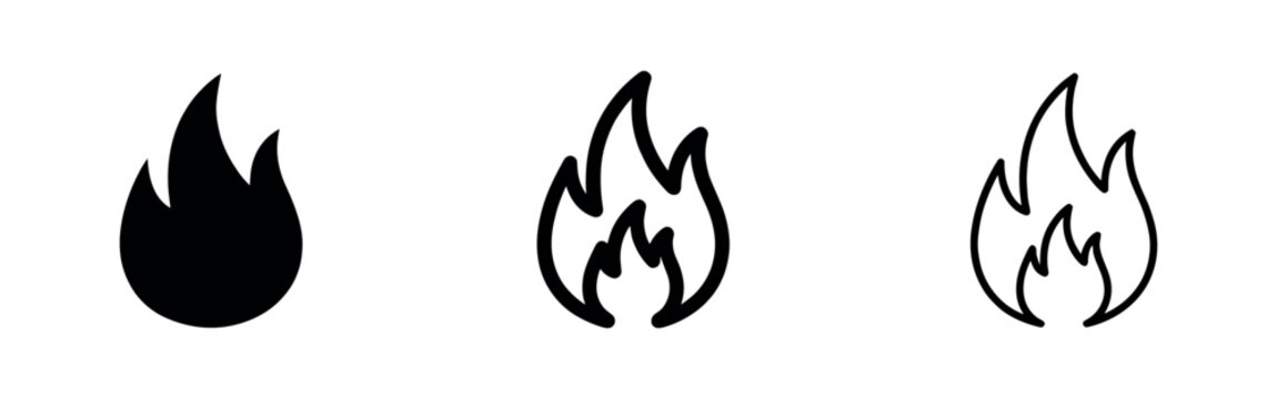 Fire icons set, symbol of flame, heat, energy, danger, caution, hot