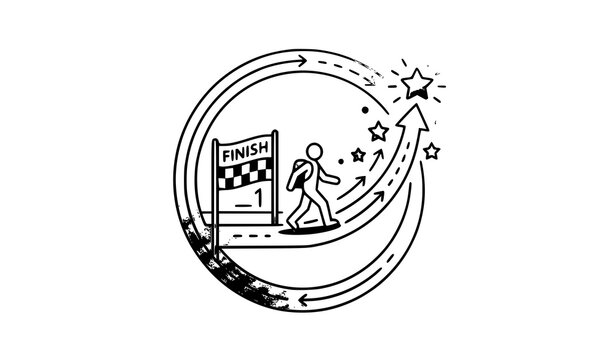 A minimalist soft blue vector illustration of a staircase inside a circular frame leading toward a trophy and rising arrow, symbolizing going the extra mile and achieving goals. Round line art style w