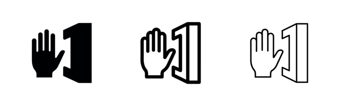Push button or access hand icon set, symbolizing entry, interaction, and activation in different styles.