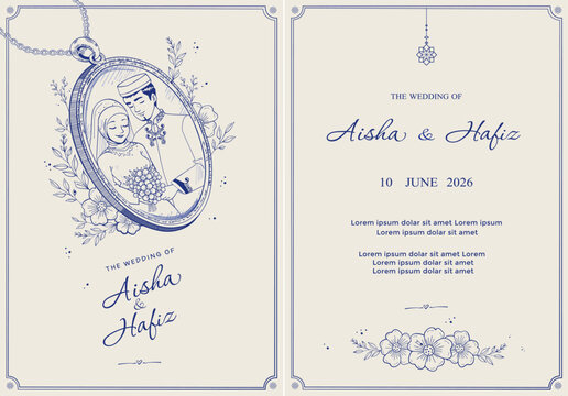 Minimalist Muslim wedding invitation card template featuring a natural hand-drawn pen sketch of an Islamic couple in a vintage locket frame with elegant handcrafted floral elements