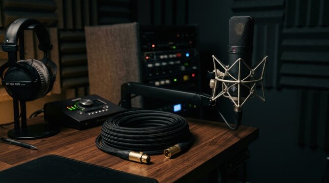 Professional studio setup featuring a coiled braided XLR cable on a wooden desk, large-diaphragm condenser microphone in a shock mount, studio headphones, and audio interface.
